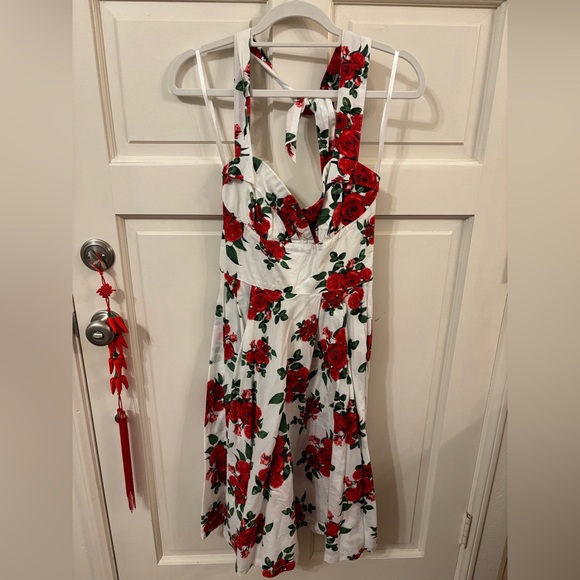 Hell Bunny Vixen Dresses & Skirts - White Midi Dress with Red Rose Print - Floral Tie-Back Sundress